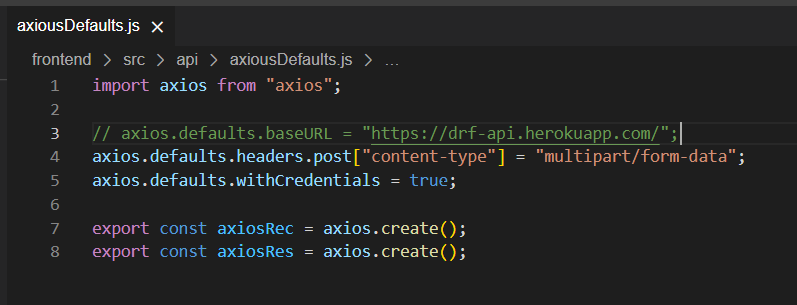 axiosDefault.js open with the third line, containing the base URL setting, commented out