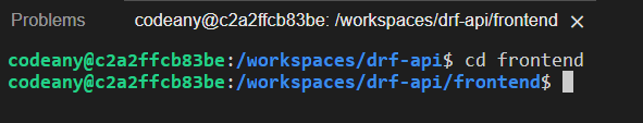 a terminal showing 'cd frontend' and the resulting working directory