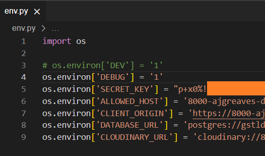 an env.py file with an environment variable for cloudinary_url