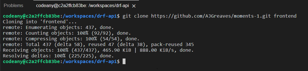 a terminal with git clone and then a URL is written with frontend at the end