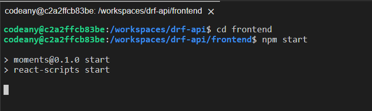 a terminal in the frontend directory showing the npm start command