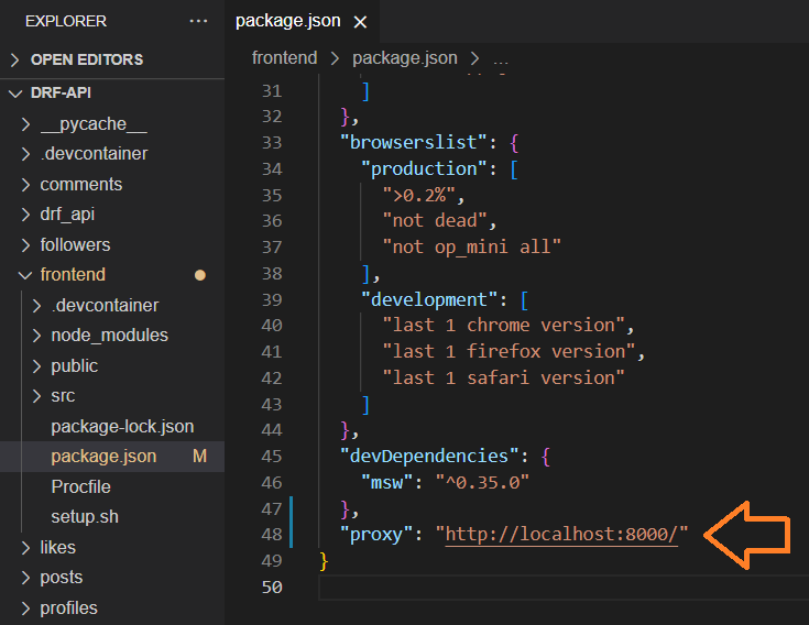 package.json file open with a new entry of proxy and a value of http://localhost:8000/