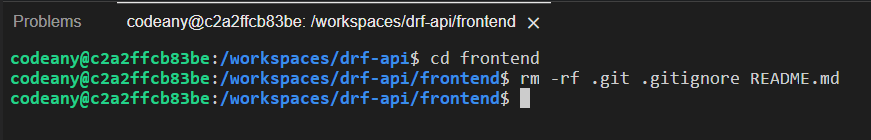 a terminal showing the command rm -rf .git .gitignore README.md