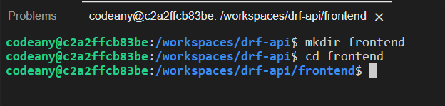 a terminal with the result of the cd frontend command