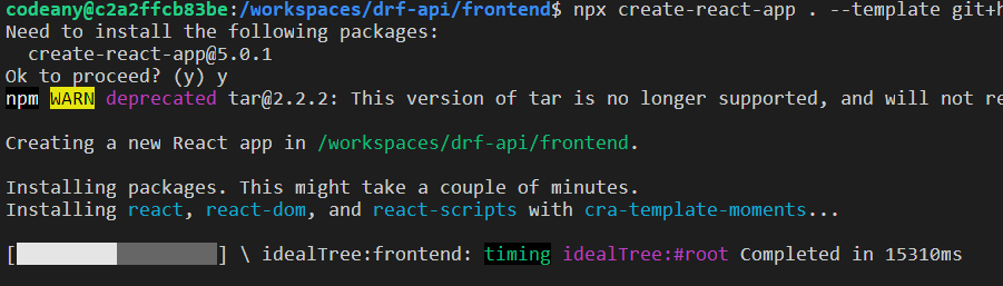 a terminal with an input expecting a y to proceed