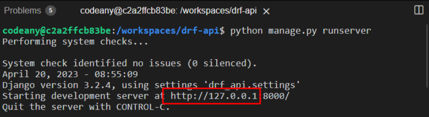 Django server running in the terminal, with http://127.0.0.1 displayed as localhost URL