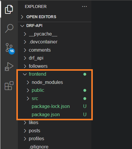 a file structure with edits to the frontend directory