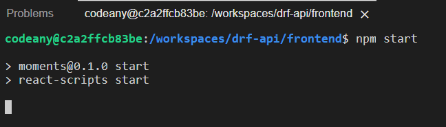a terminal in the frontend directory showing the npm start command