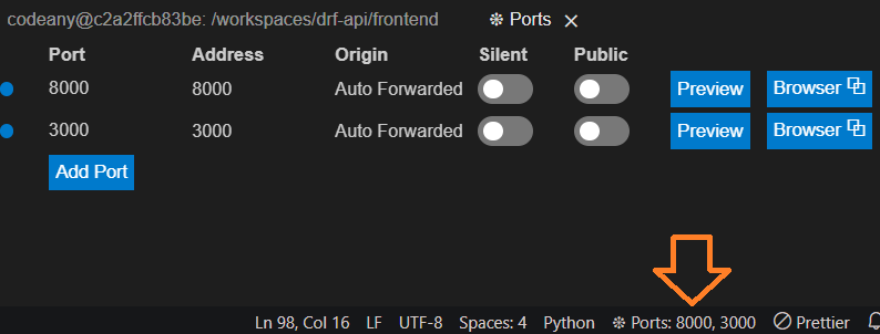 an arrow pointing to the ports section in the bottom right of a terminal