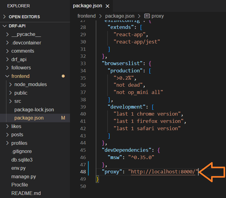 package.json file open with a new entry of proxy and a value of http://localhost:8000/