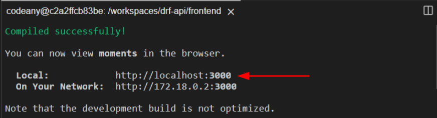 an arrow pointing to the running React app localhost URL in the terminal