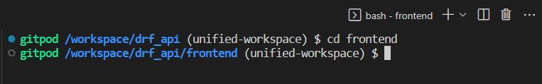 a terminal with the result of the cd frontend command
