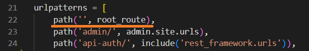 a URL patterns list with root_route next to a blank path