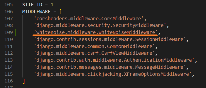 the MIDDLEWARE section of a settings.py file