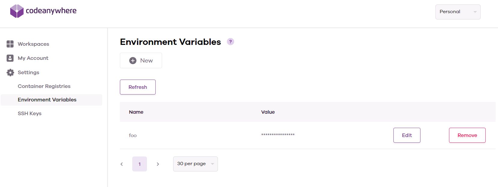 Codeanywhere environment variables page within the dashboard