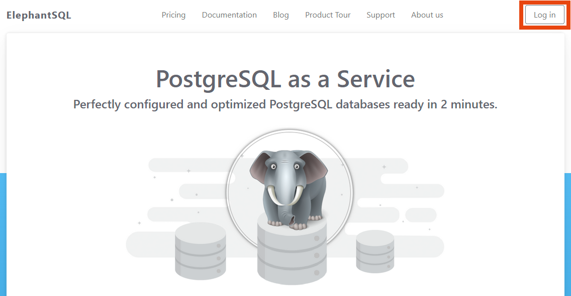 elephantsql landing page with a button in the top right corner reading "log in"