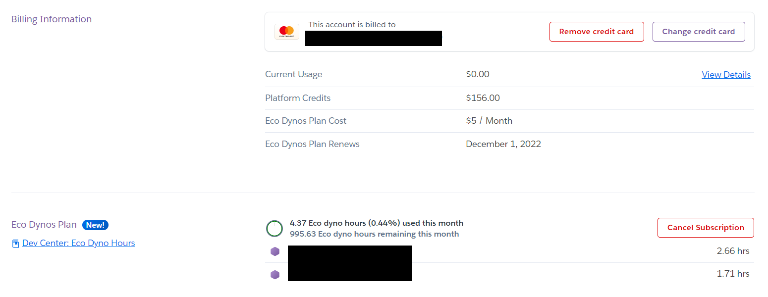 a billing tab showing an eco dyno subscription