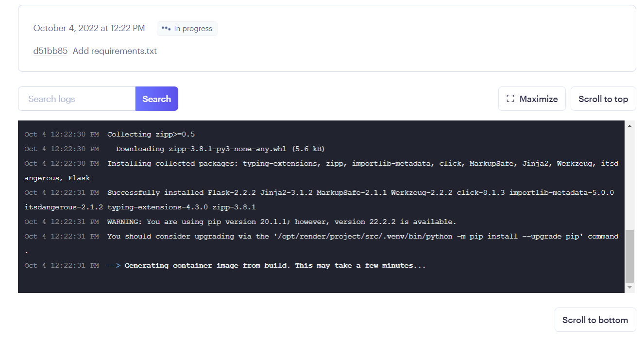 a console showing some output of the initial stages of a deployment