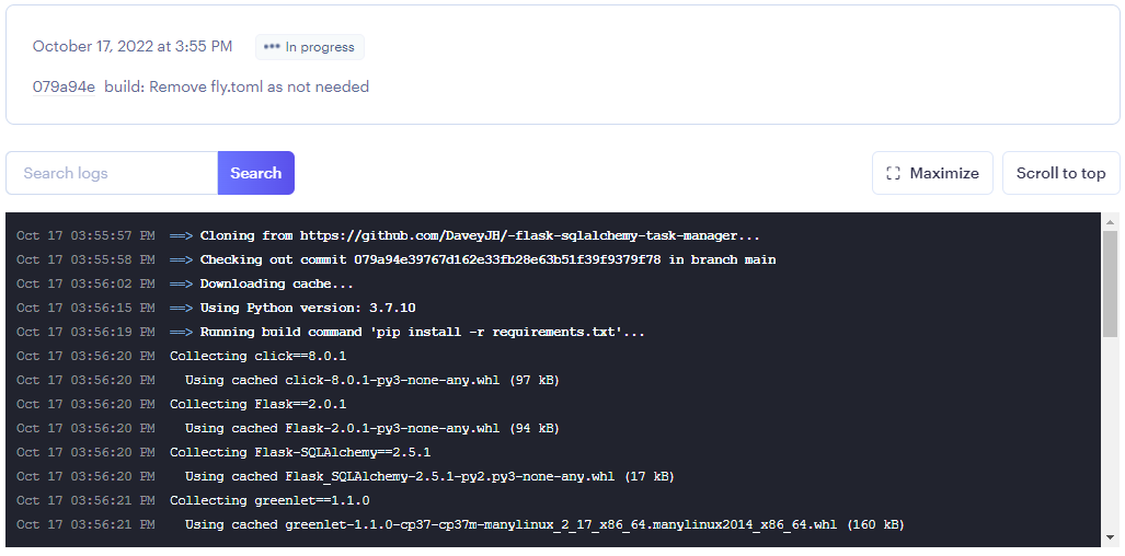 a console showing some output of the initial stages of a deployment