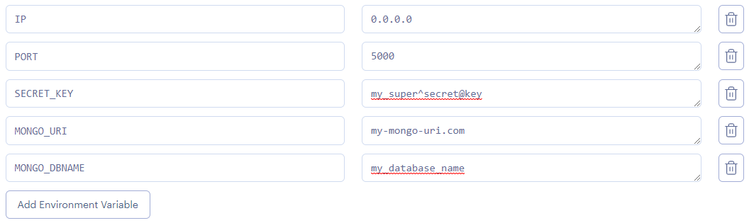 a list of environment variables with keys in the left input box and values in the right input box