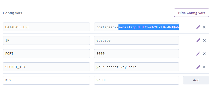 a list of environment variables with keys in the left input box and values in the right input box