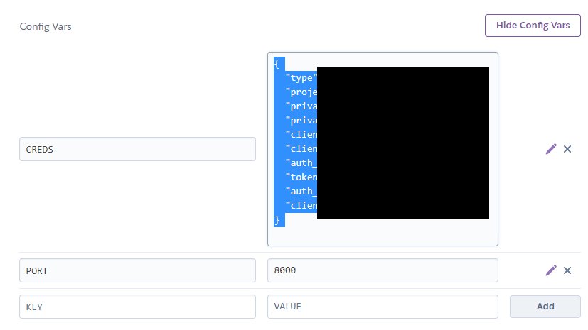 the value input of the CREDS variable shown highlighted