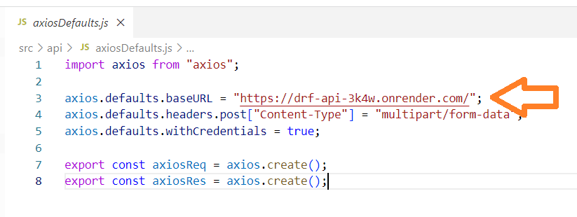 updated line of code reading axios.defaults.baseURL = 'https://drf-api-34kw.onrender.com';