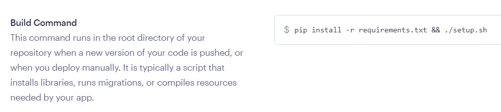 build command setting with pip install -r requirements.txt in the input